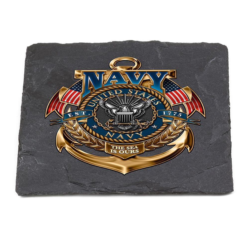 Navy the Sea is ours Black Slate 4IN x 4IN Coasters Gift Set