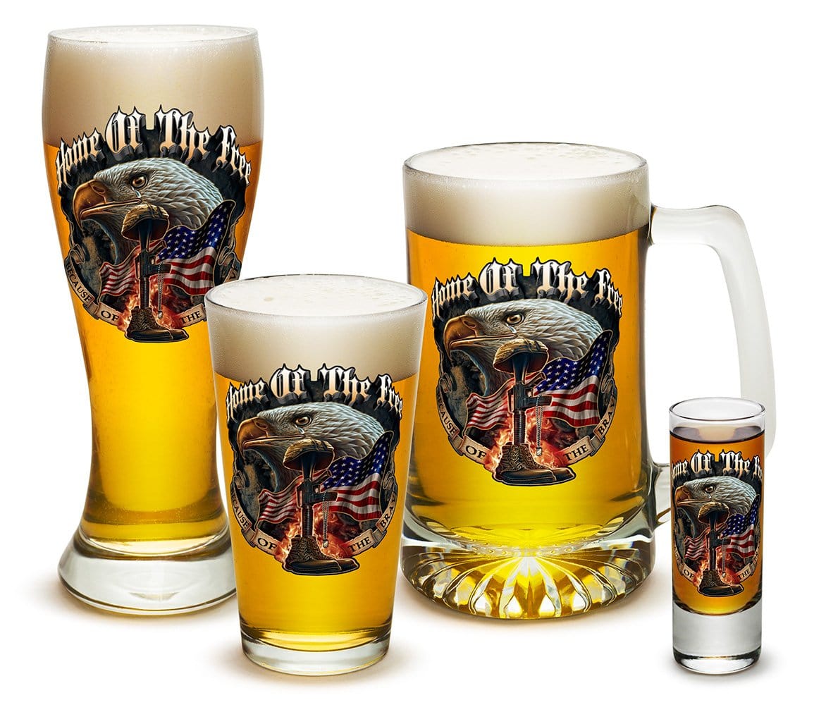 Home of The Free Because of The Brave US Flag Patriotic 4 Piece Glass Gift Set