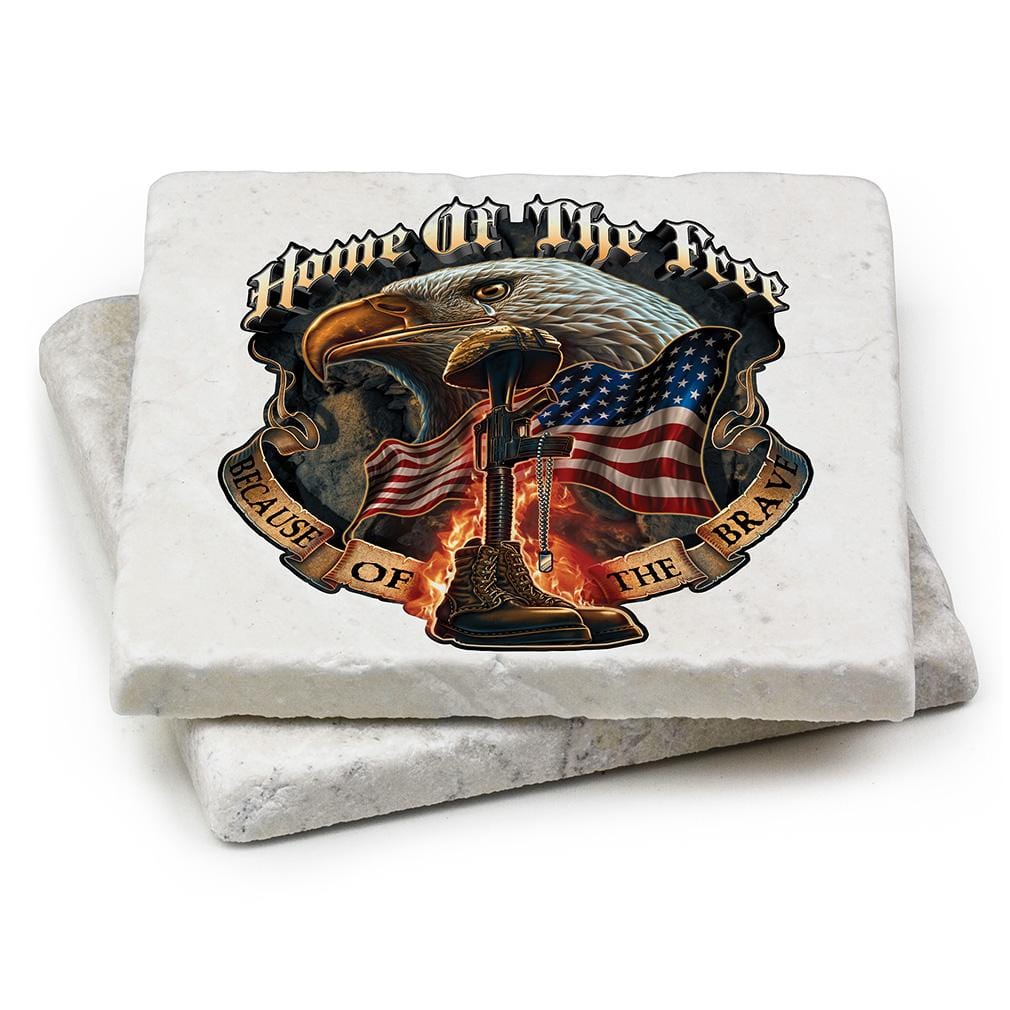Patriotic Home of the Free Because of the Brave Ivory Tumbled Marble 4IN x 4IN Coaster Gift Set
