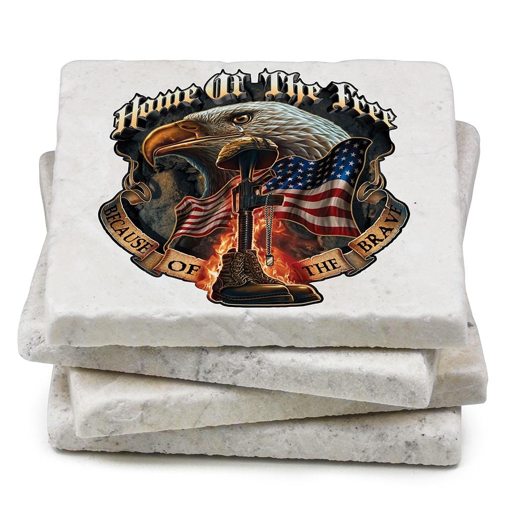 Patriotic Home of the Free Because of the Brave Ivory Tumbled Marble 4IN x 4IN Coaster Gift Set