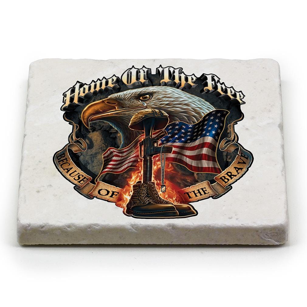 Patriotic Home of the Free Because of the Brave Ivory Tumbled Marble 4IN x 4IN Coaster Gift Set