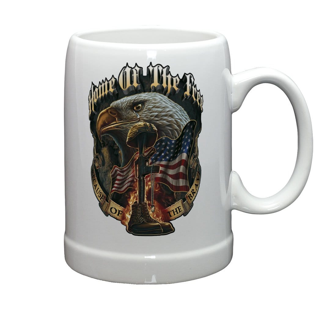 Patriotic Home of The Free Because of The Brave Stoneware White Coffee Mug Gift Set