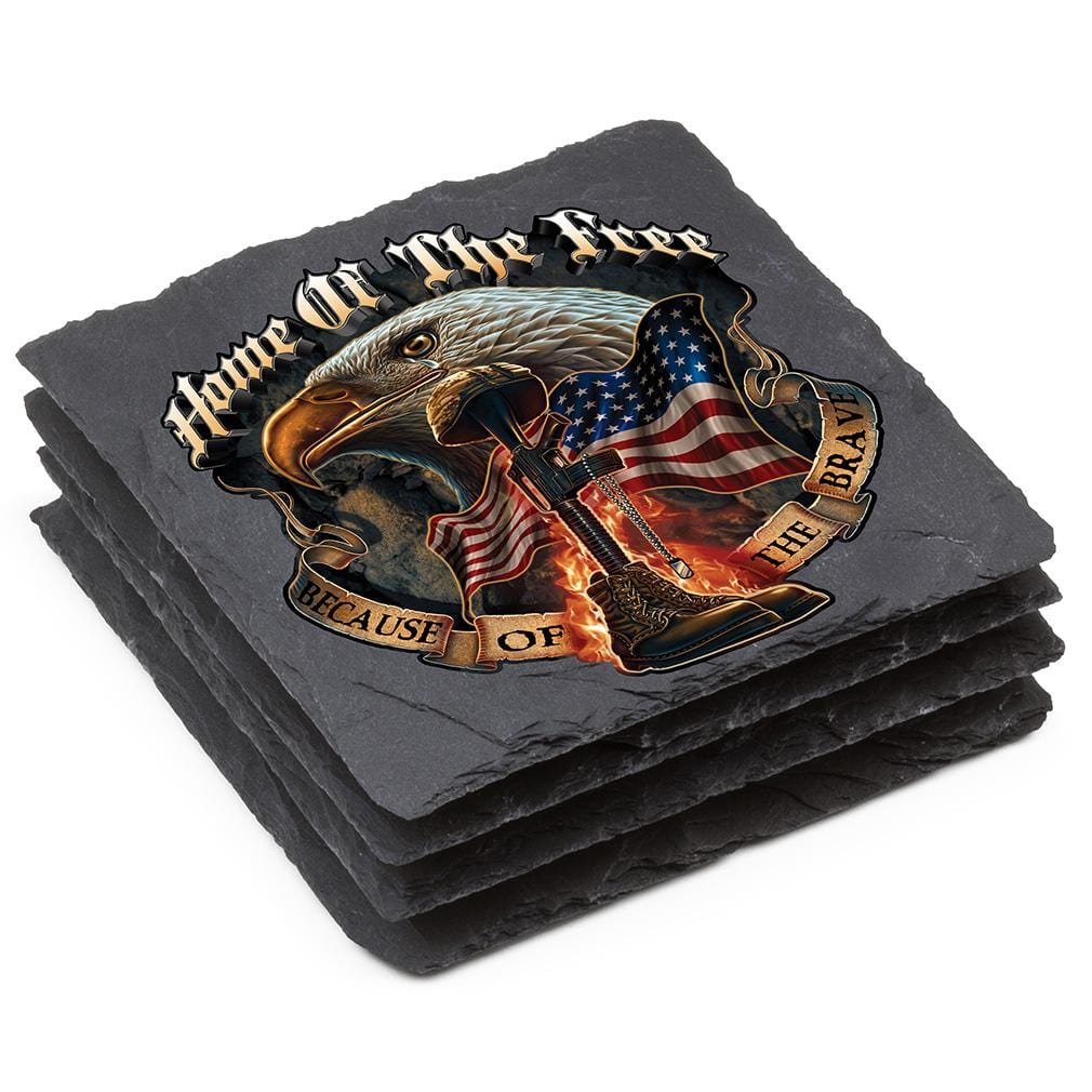 Patriotic Home of the Free Because of the Brave Black Slate 4IN x 4IN Coaster Gift Set