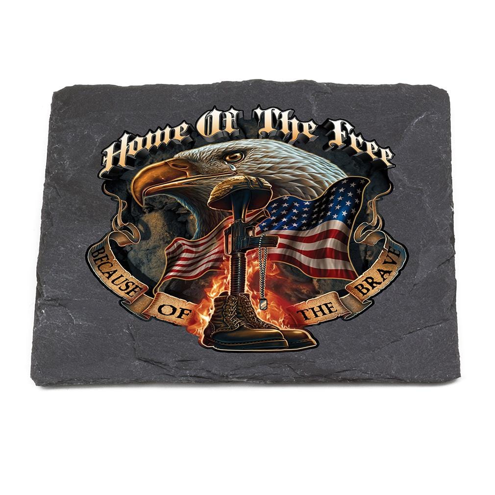 Patriotic Home of the Free Because of the Brave Black Slate 4IN x 4IN Coaster Gift Set