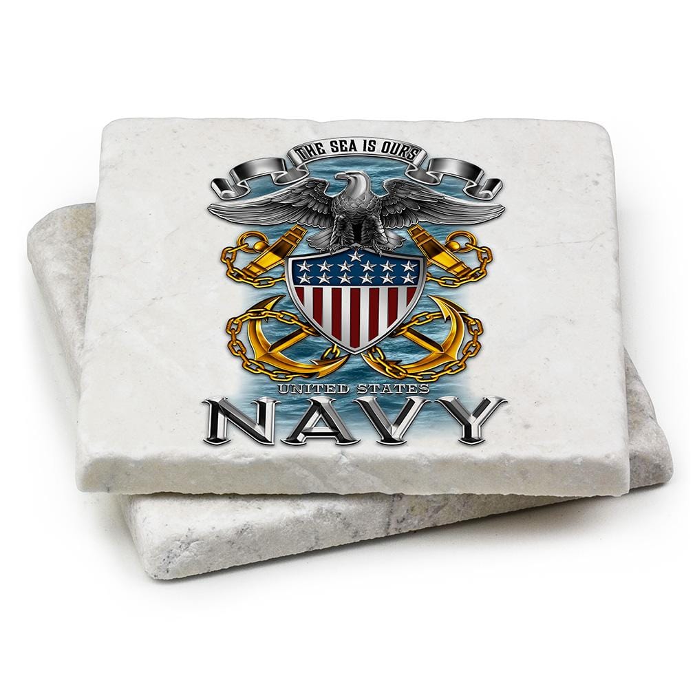 Navy Full Print Eagle Ivory Tumbled Marble 4IN x 4IN Coasters Gift Set