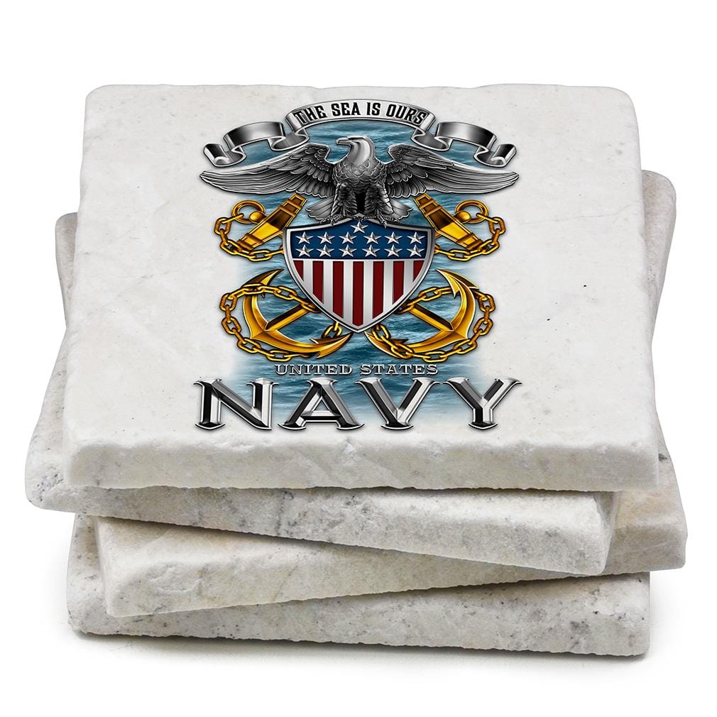 Navy Full Print Eagle Ivory Tumbled Marble 4IN x 4IN Coasters Gift Set