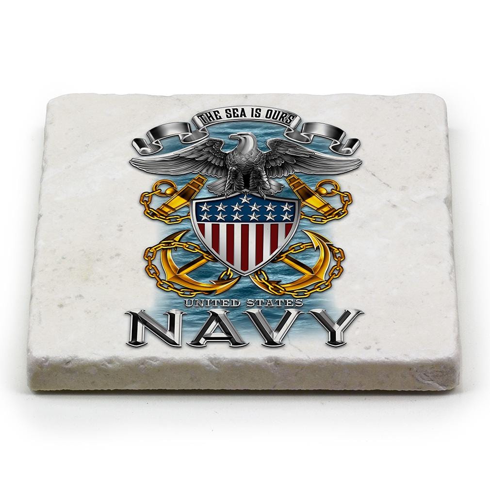 Navy Full Print Eagle Ivory Tumbled Marble 4IN x 4IN Coasters Gift Set