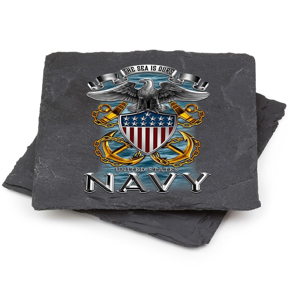 Navy Full Print Eagle Black Slate 4IN x 4IN Coasters Gift Set