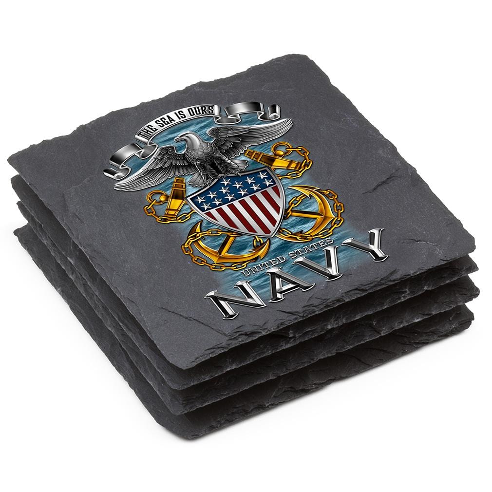 Navy Full Print Eagle Black Slate 4IN x 4IN Coasters Gift Set