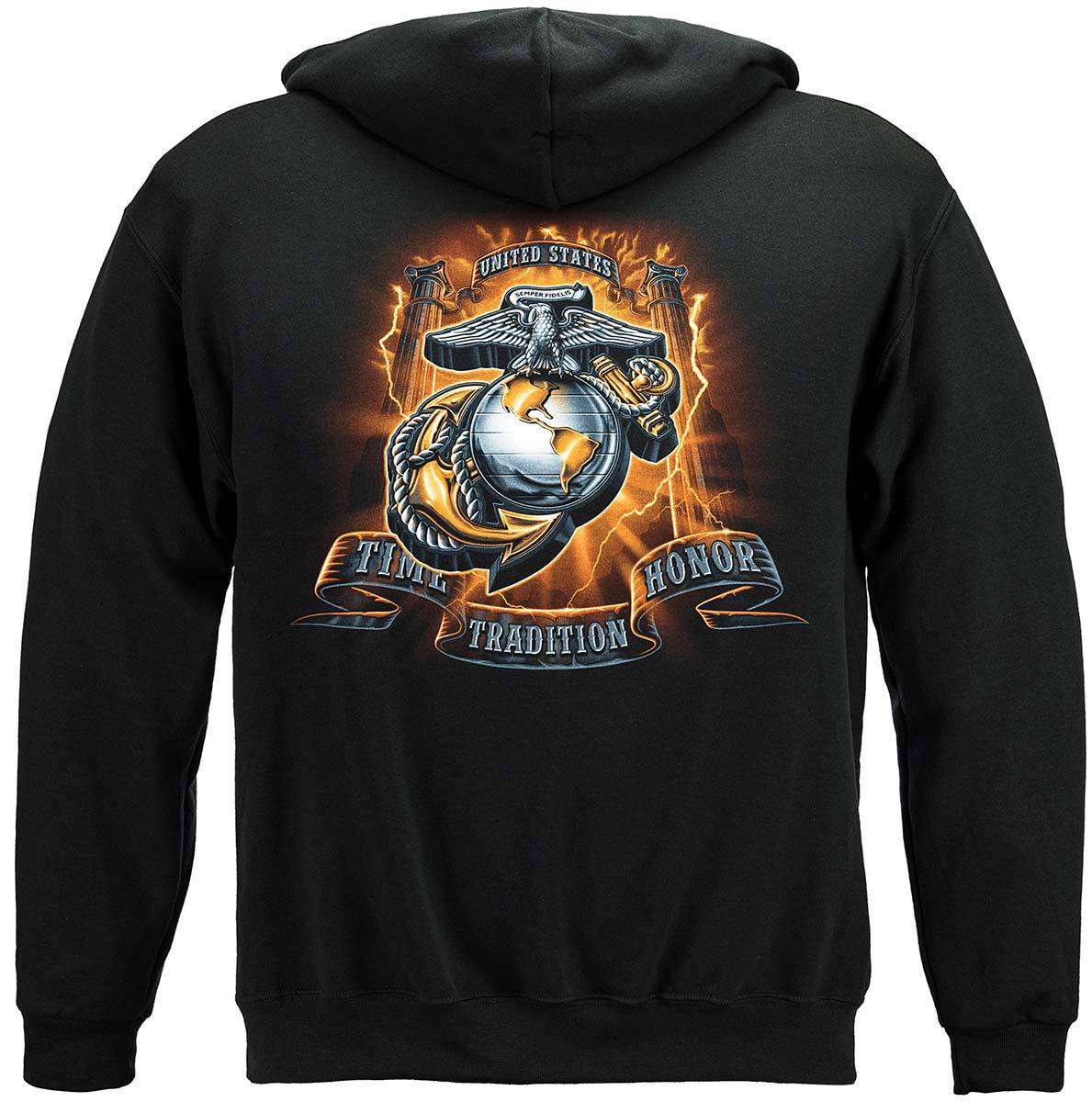 USMC Gold Lightning Time Honor Tradition Eagle Premium Hooded Sweat Shirt