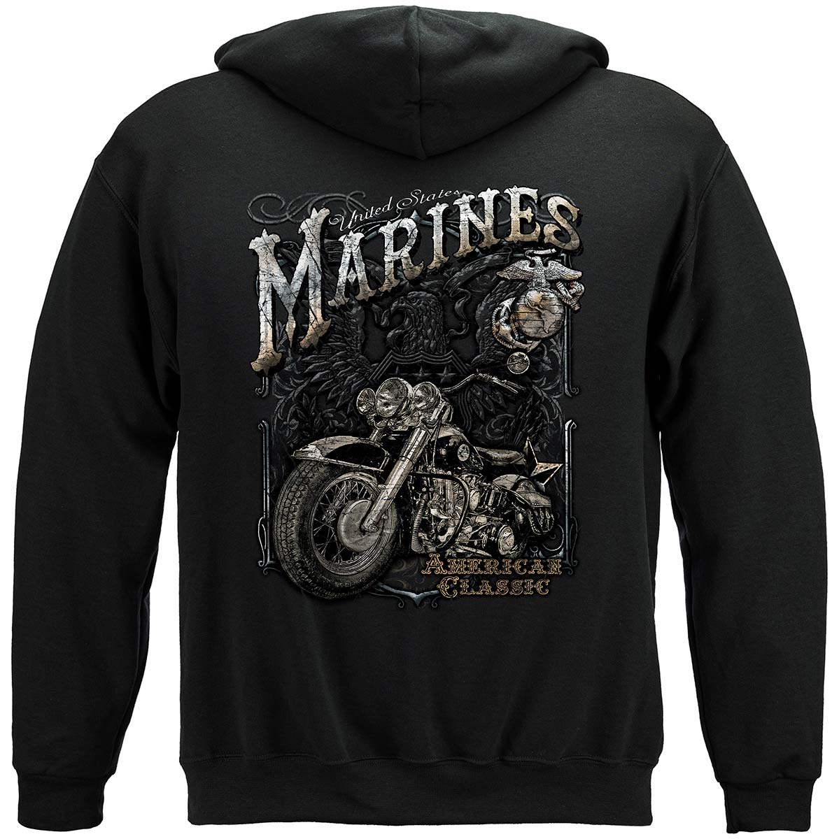 USMC Marine Biker American Classic Silver Foil Premium Hooded Sweat Shirt