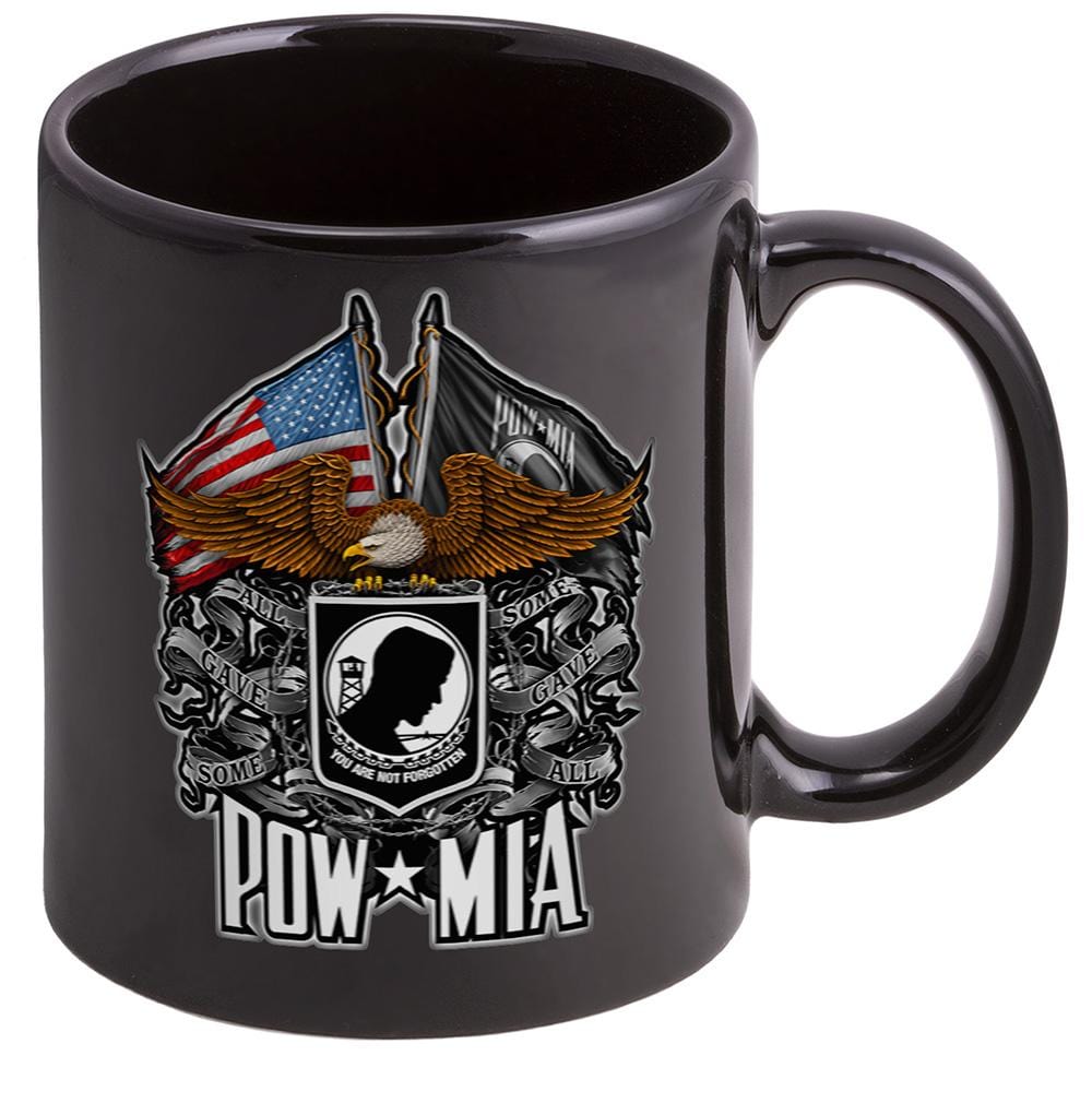 Patriotic Military Double Flag Eagle POW MIA Stoneware Black Coffee Mug Gift Set