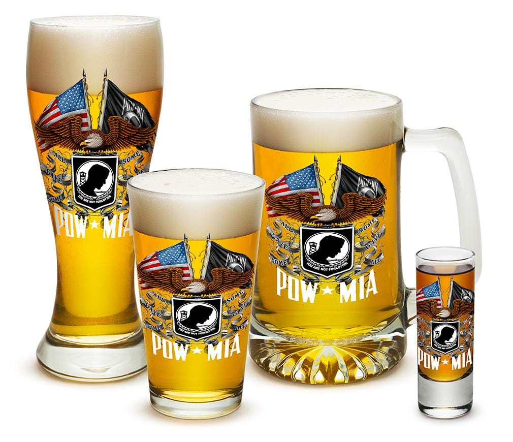 Double Flag Eagle POW MIA American Flag 4 Piece Glass Gift Set