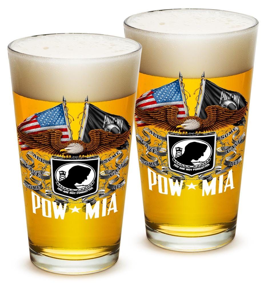 Double Flag Eagle POW MIA American Flag 16oz Pint Glass Glass Set