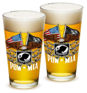 More Picture, Double Flag Eagle POW MIA American Flag 16oz Pint Glass Glass Set