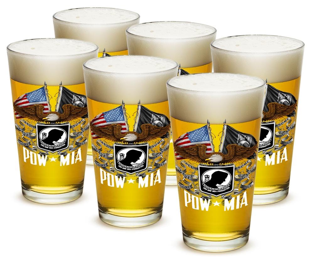 Double Flag Eagle POW MIA American Flag 16oz Pint Glass Glass Set