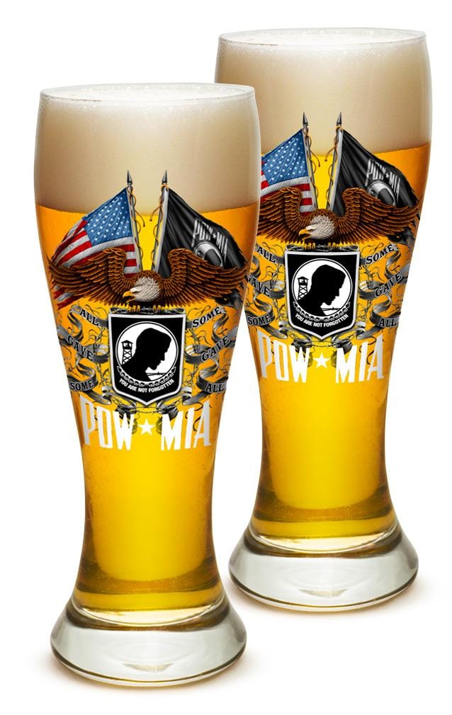 Double Flag Eagle POW MIA American Flag 23oz Pilsner Glass Glass Set