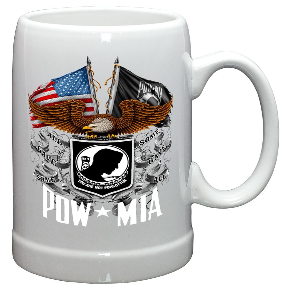 Patriotic Military Double Flag Eagle POW MIA Stoneware White Coffee Mug Gift Set