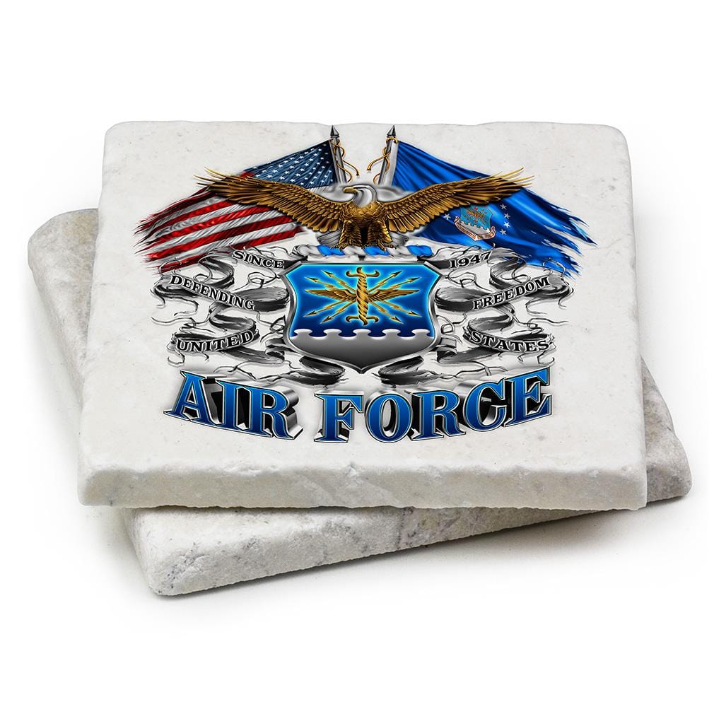 Double Flag Air Force Eagle Ivory Tumbled Marble 4IN x 4IN Coasters Gift Set