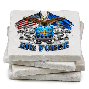 More Picture, Double Flag Air Force Eagle Ivory Tumbled Marble 4IN x 4IN Coasters Gift Set