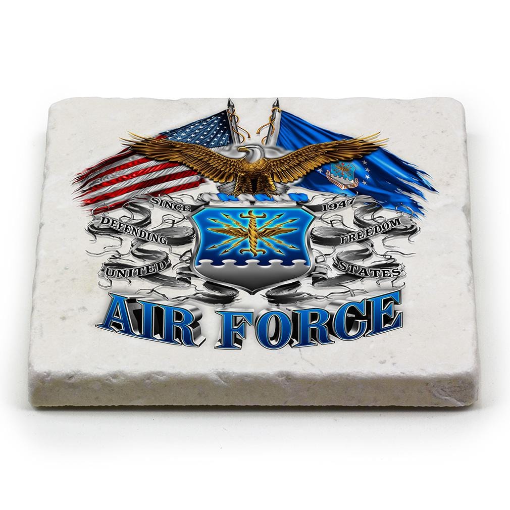 Double Flag Air Force Eagle Ivory Tumbled Marble 4IN x 4IN Coasters Gift Set