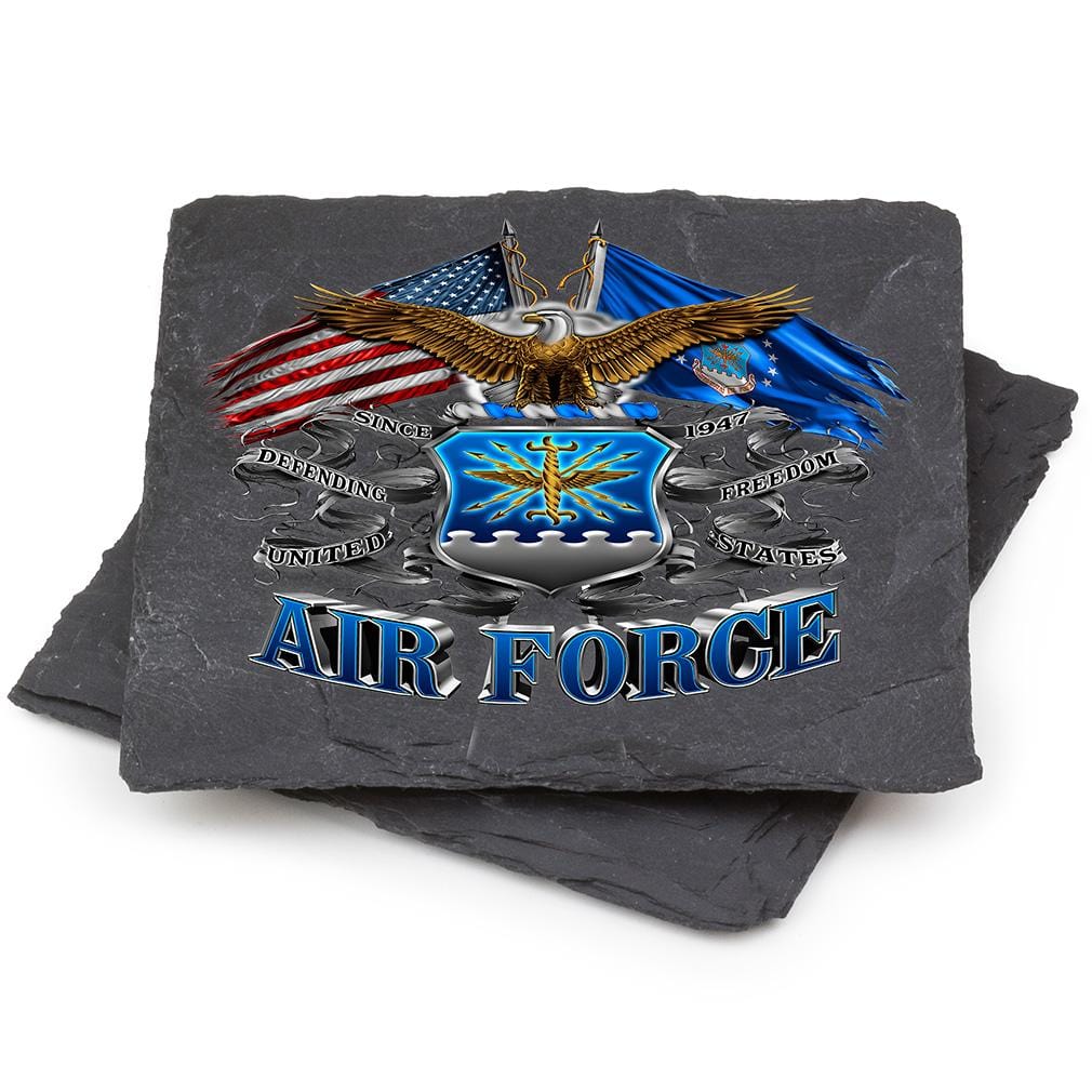 Double Flag Air Force Eagle Black Slate 4IN x 4IN Coasters Gift Set