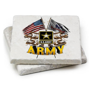 More Picture, US Army Double Flag Ivory Tumbled Marble 4IN x 4IN Coaster Gift Set