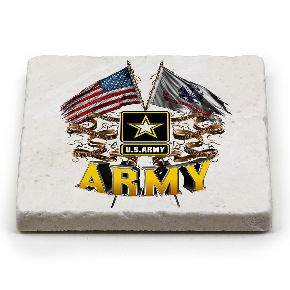 US Army Double Flag Ivory Tumbled Marble 4IN x 4IN Coaster Gift Set