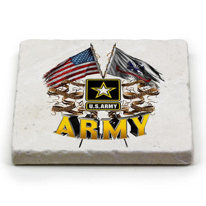 More Picture, US Army Double Flag Ivory Tumbled Marble 4IN x 4IN Coaster Gift Set