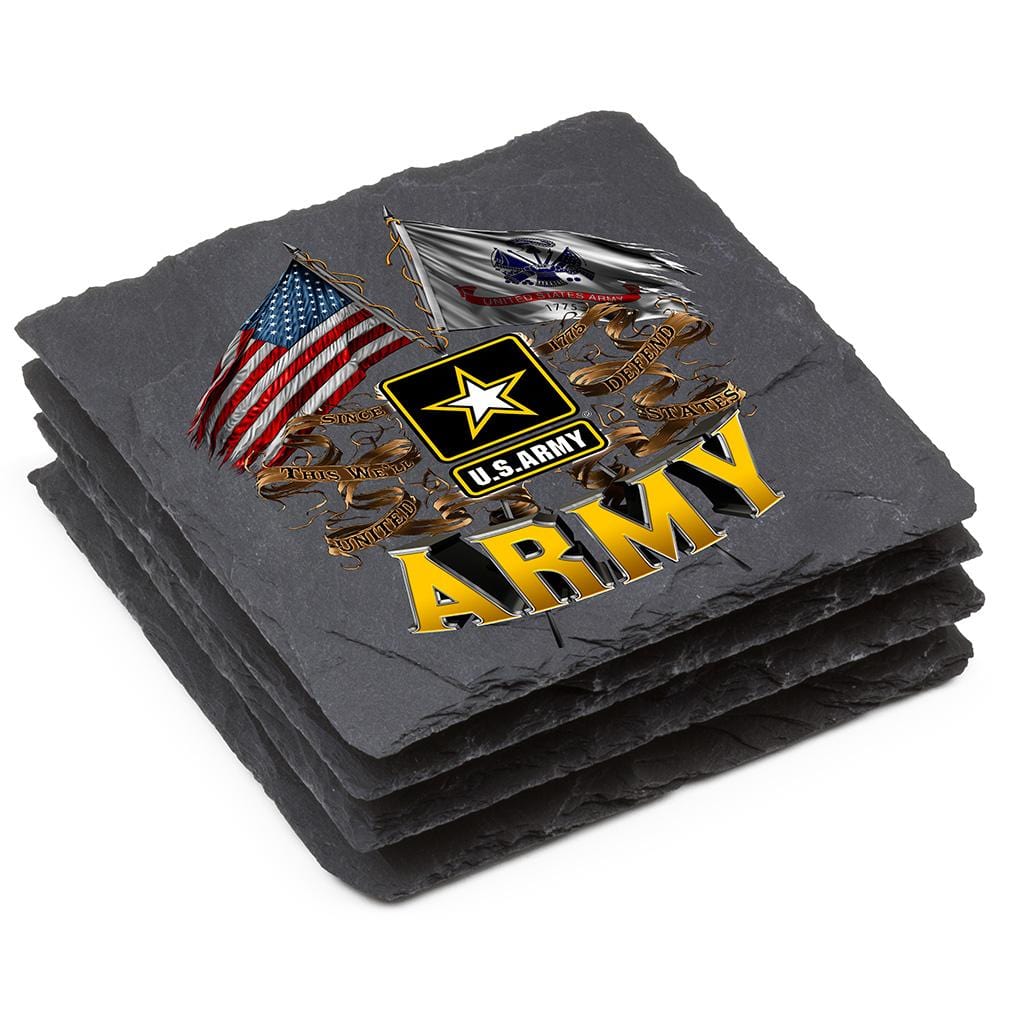 US Army Double Flag Black Slate 4IN x 4IN Coaster Gift Set