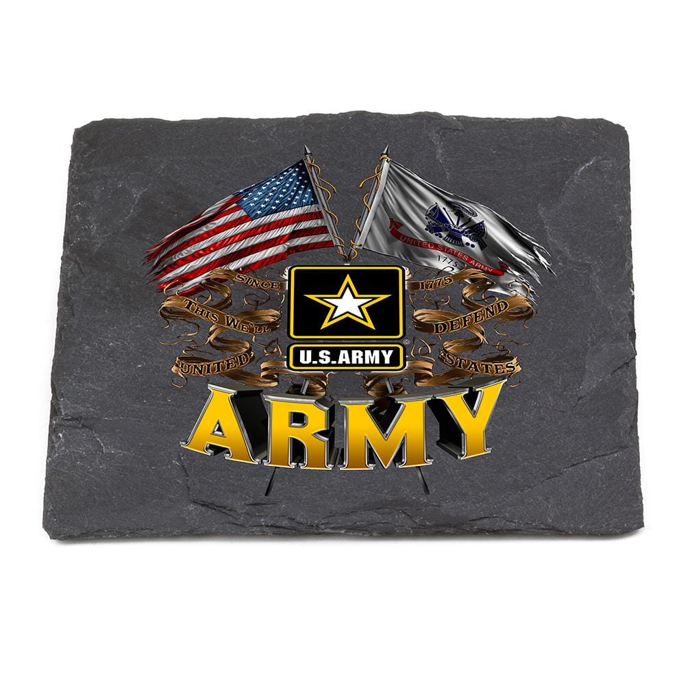 US Army Double Flag Black Slate 4IN x 4IN Coaster Gift Set
