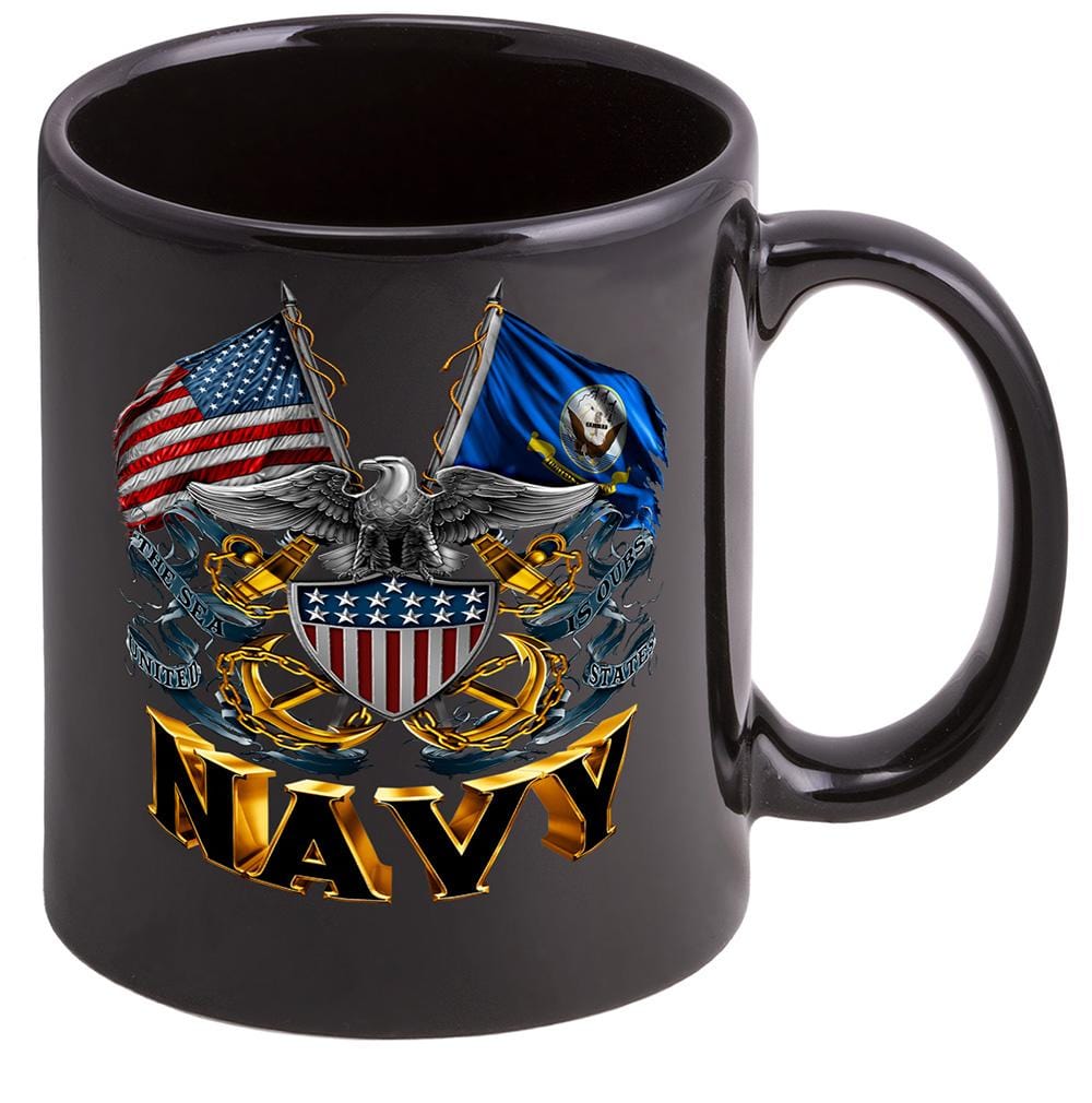 Double Flag Eagle US Navy Shield Stoneware Black Coffee Mug Gift Set