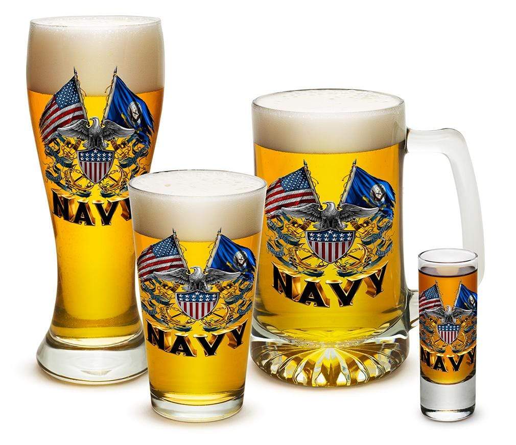 Double Flag Eagle Navy Shield 4 Piece Glass Gift Set