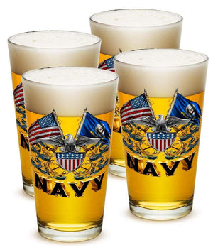 More Picture, Double Flag Eagle Navy Shield 16oz Pint Glass Glass Set