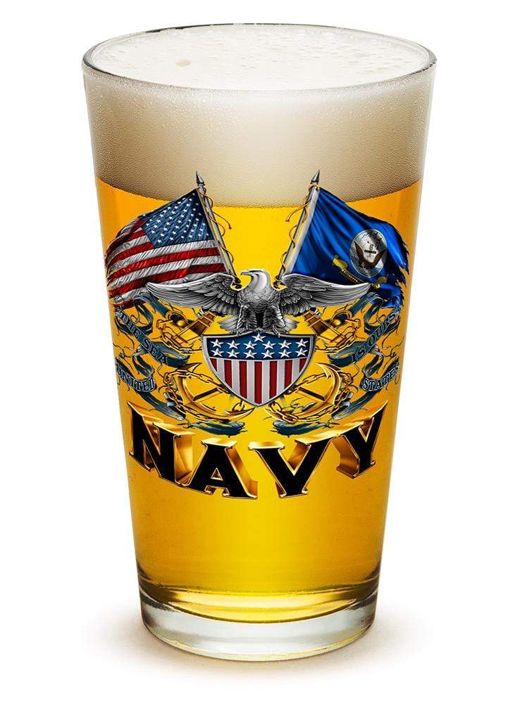 Double Flag Eagle Navy Shield 16oz Pint Glass Glass Set