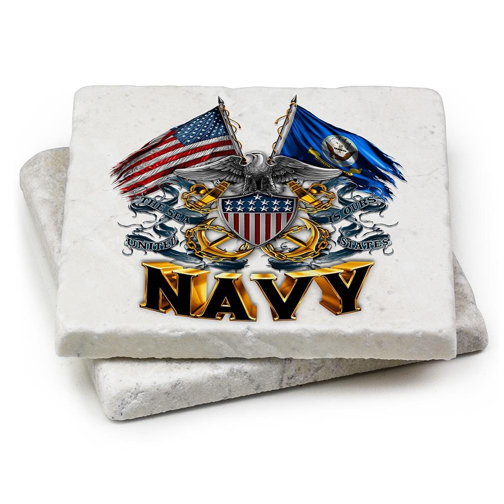 Double Flag Eagle Navy Shield Ivory Tumbled Marble 4IN x 4IN Coasters Gift Set