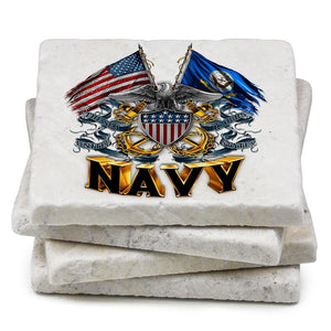 More Picture, Double Flag Eagle Navy Shield Ivory Tumbled Marble 4IN x 4IN Coasters Gift Set