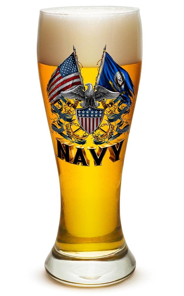 Double Flag Eagle Navy Shield 23oz Pilsner Glass Glass Set