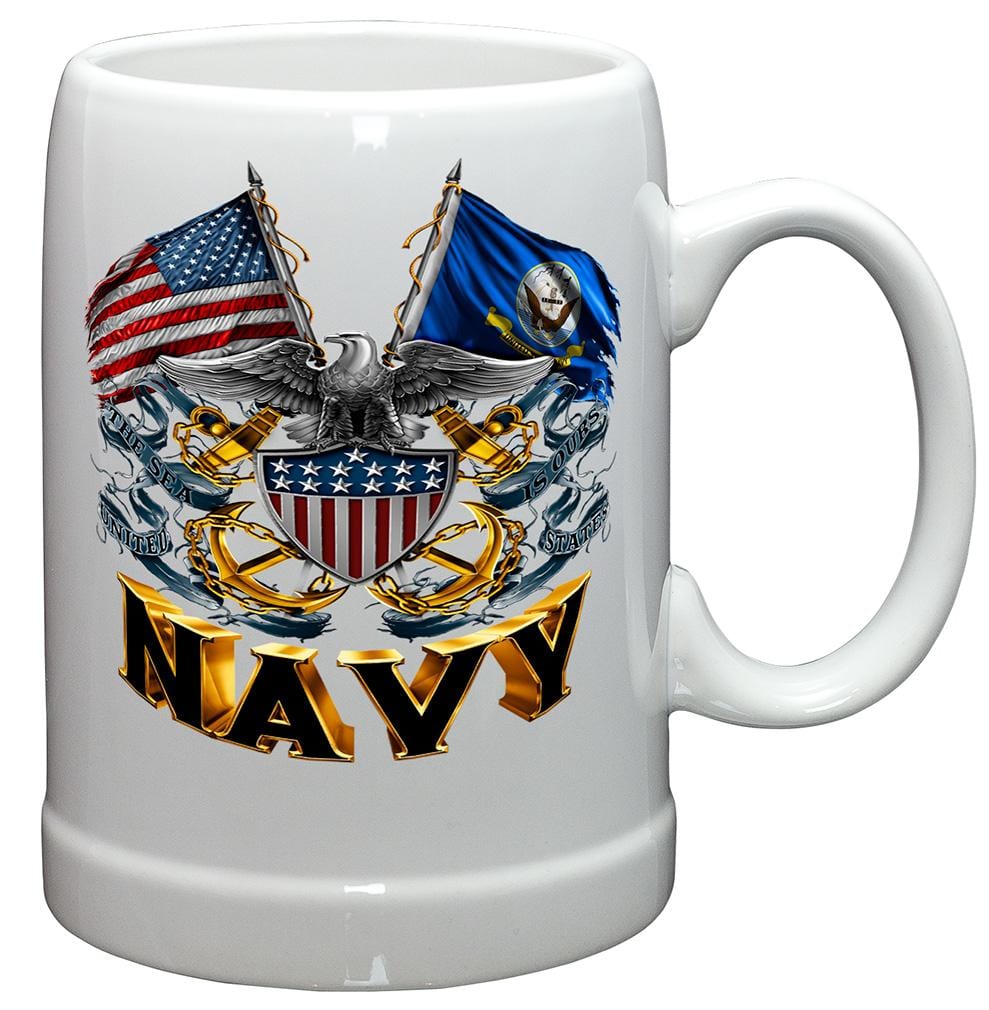 Double Flag Eagle US Navy Shield Stoneware White Coffee Mug Gift Set