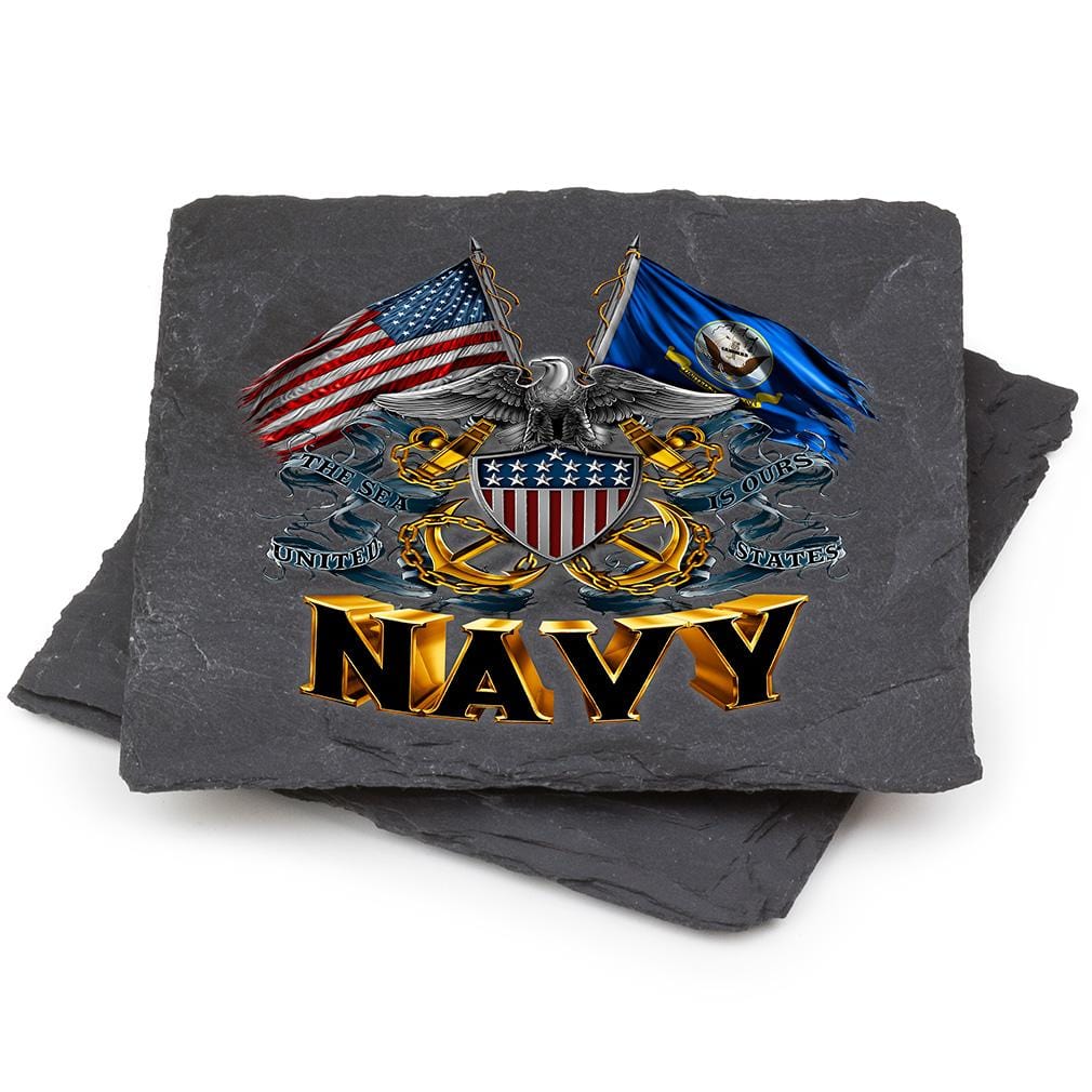 Double Flag Eagle Navy Shield Black Slate 4IN x 4IN Coasters Gift Set