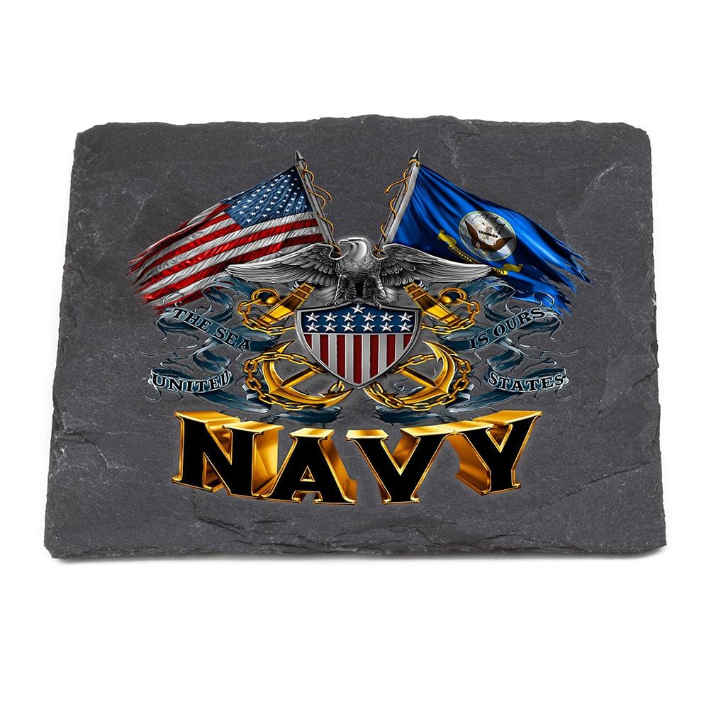 Double Flag Eagle Navy Shield Black Slate 4IN x 4IN Coasters Gift Set