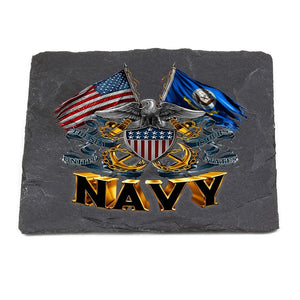 More Picture, Double Flag Eagle Navy Shield Black Slate 4IN x 4IN Coasters Gift Set