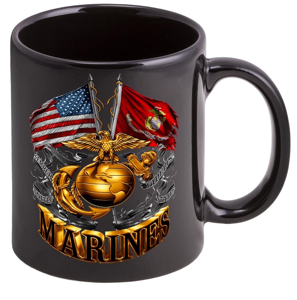 USMC Double Flag Gold Globe Marine Corps Stoneware Black Coffee Mug Gift Set
