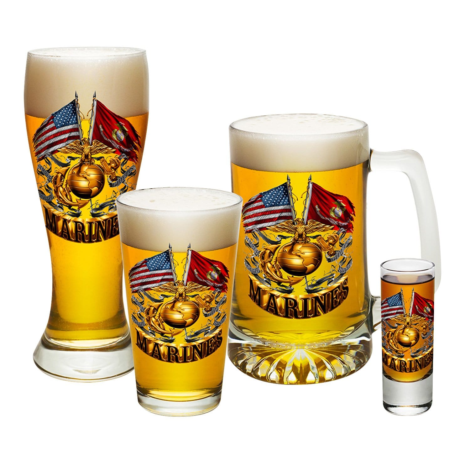Double Flag Gold Globe Marine Corps 4 PC. Glass Set