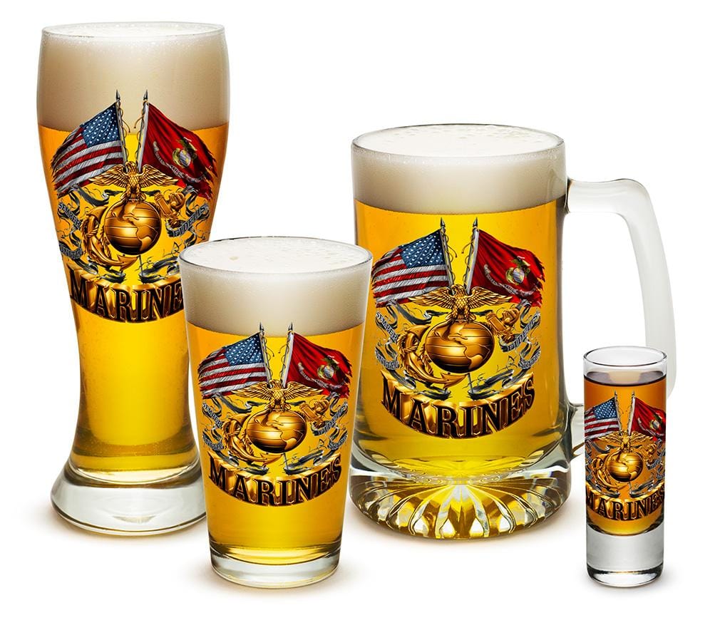 Double Flag Gold Globe Marine Corps 4 Piece Glass Gift Set