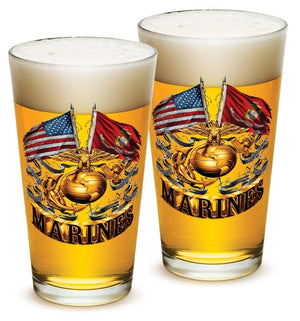 More Picture, Double Flag Gold Globe Marine Corps 16oz Pint Glass Glass Set