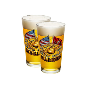 More Picture, Double Flag Gold Globe Marine Corps Pint Glass