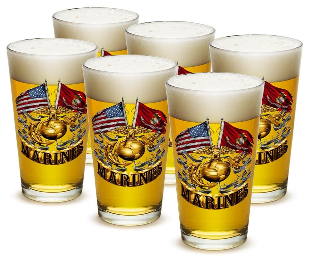 Double Flag Gold Globe Marine Corps 16oz Pint Glass Glass Set