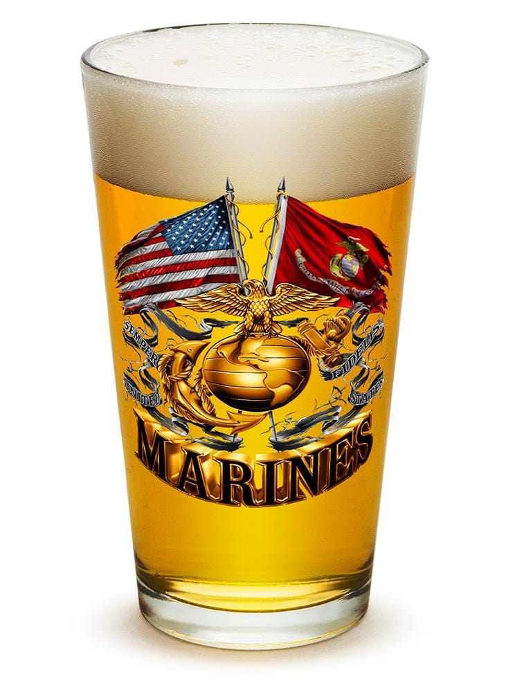 Double Flag Gold Globe Marine Corps 16oz Pint Glass Glass Set