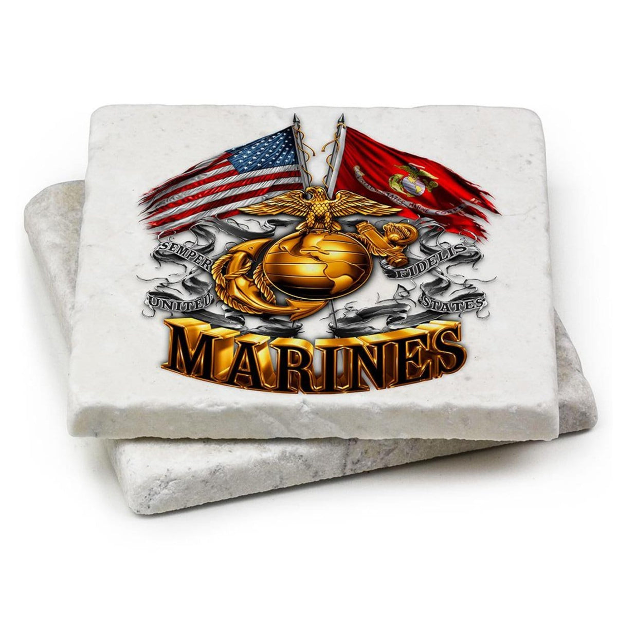 Double Flag Gold Glob Marine Corps Coaster Ivory